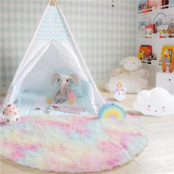 Rainbow Fluffy Rugs for Girls Bedroom 5ft,Unicorn Room Decor,Pastel Round Rug - Picture 4 of 6
